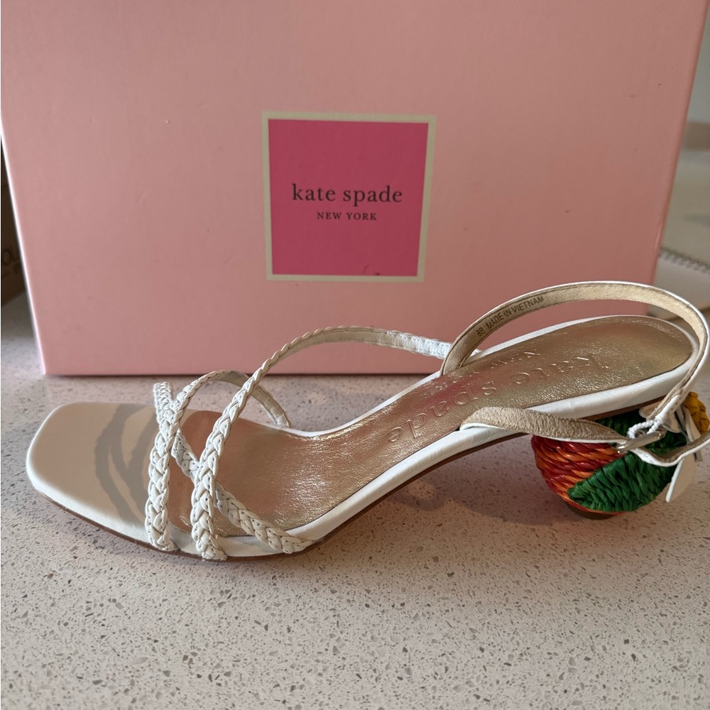 Kate Spade Valencia White Braided Strap Sandal with Orange Wicker Heel